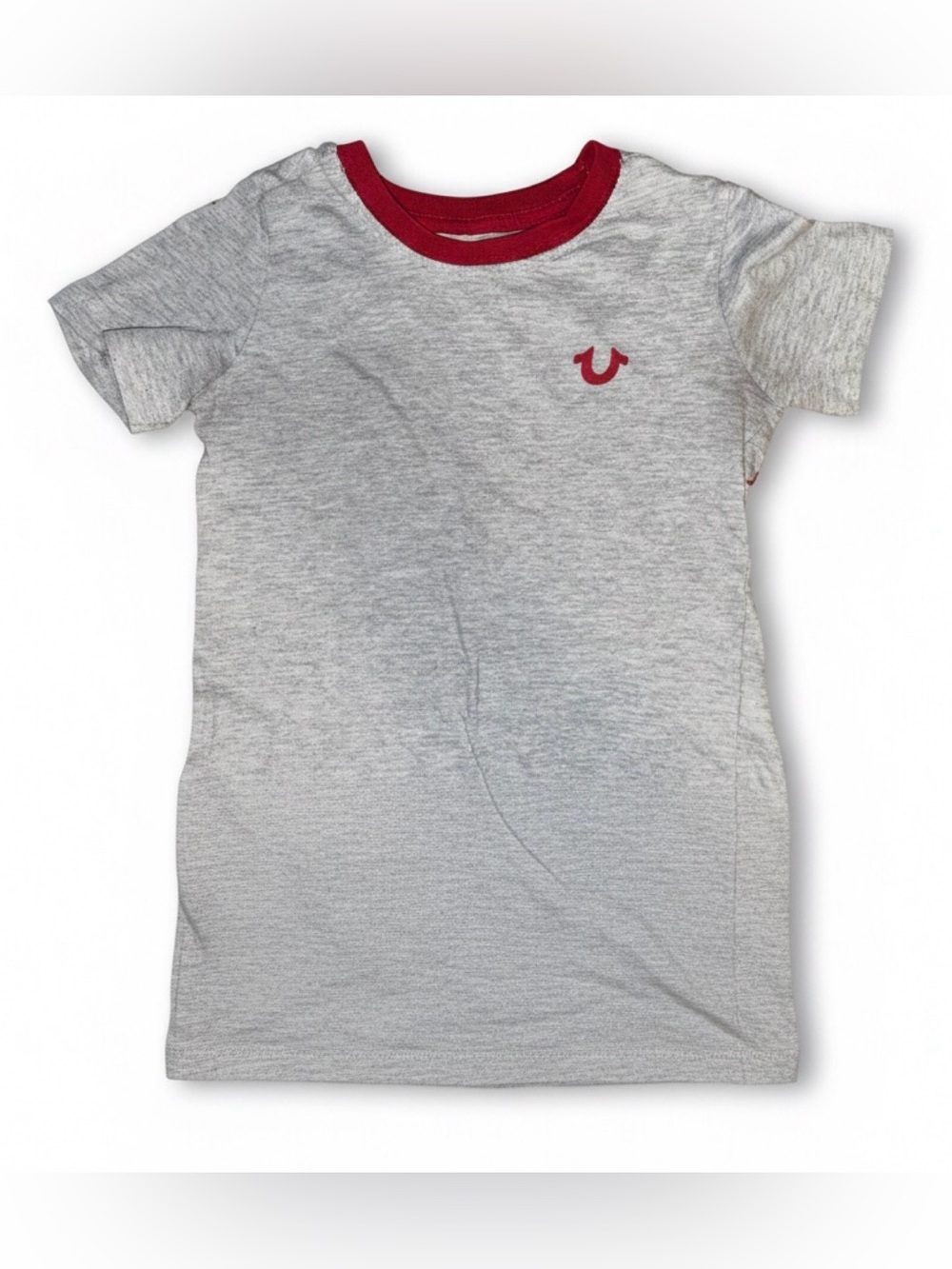True Religion Heather Gray Tee with Red Neckline and Logo